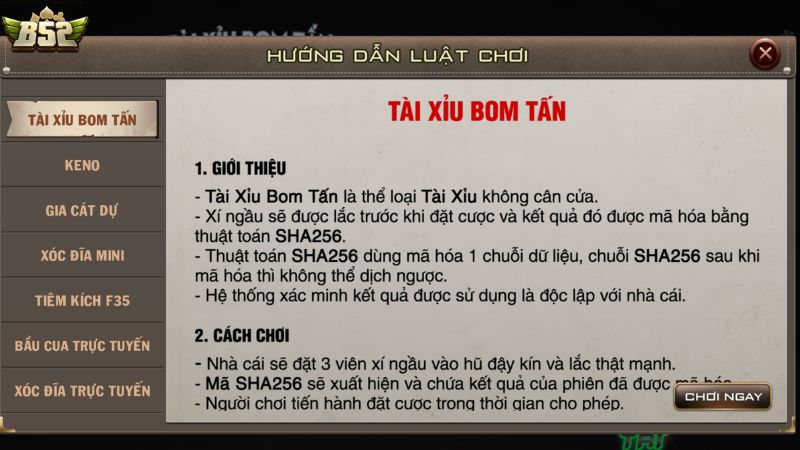 Luật chơi Tài xỉu bom tấn tại B52 Club