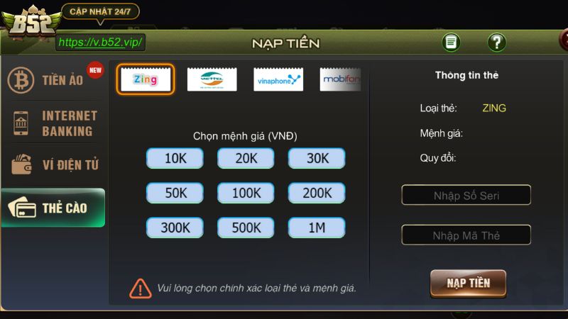 Nạp tiền B52 Club qua thẻ cào điện thoại